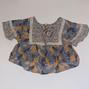 American Eagle Outfitters Blue and Mustard Floral Patchwork Peasant Top